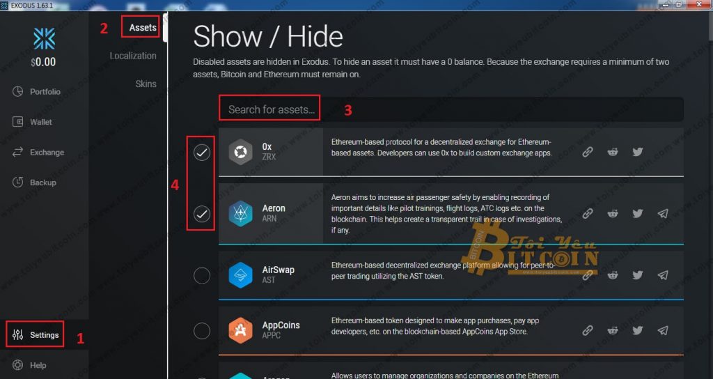 Cách add Coin và Token vào ví Exodus