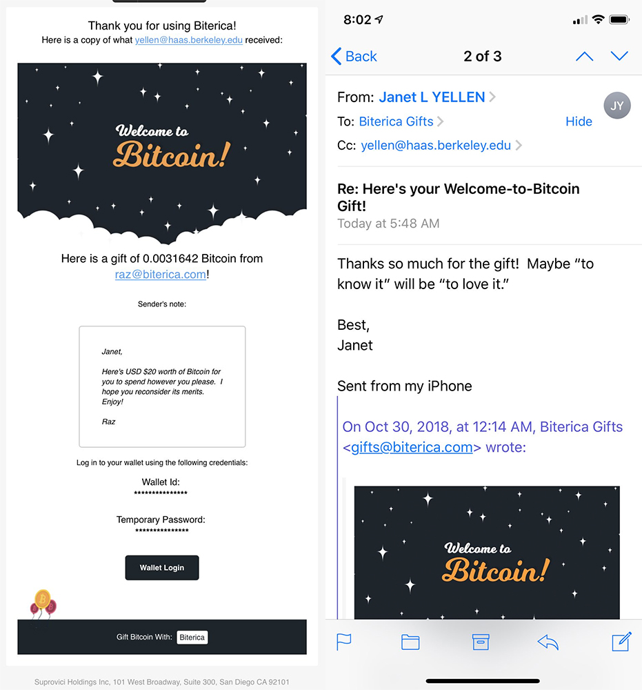 Email gửi quà tặng Bitcoin đến cho bà Janet Yellen của nhà sáng lập Biterica