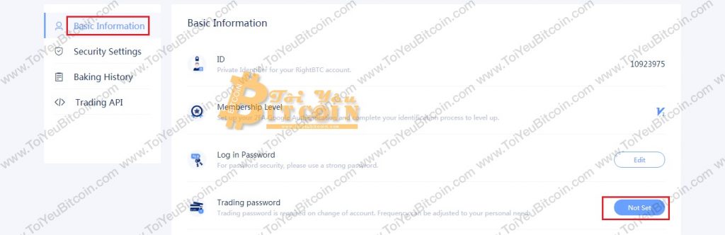 Thiết lập mật khẩu trading trên RightBTC. Ảnh 1