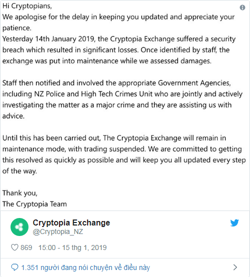 Cryptopia bị hacker tấn công