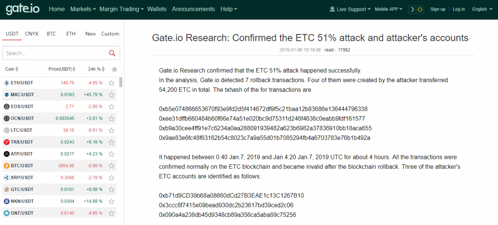 Thông báo của Gate.io, số lượng ETC bị mất hơn 40.000.