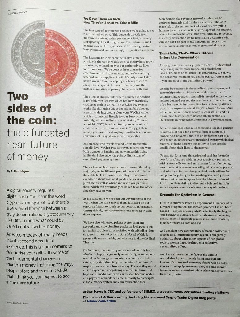 Bài viết của CEO Arthur Hayes đăng trên tờ The Times số ra ngày 03/01/2019 – cùng tờ báo mà 10 năm trước đó được Satoshi Nakamoto đính kèm vào block đầu tiên của Bitcoin