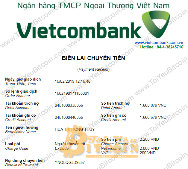 Biên lai chuyển tiền Vietcombank