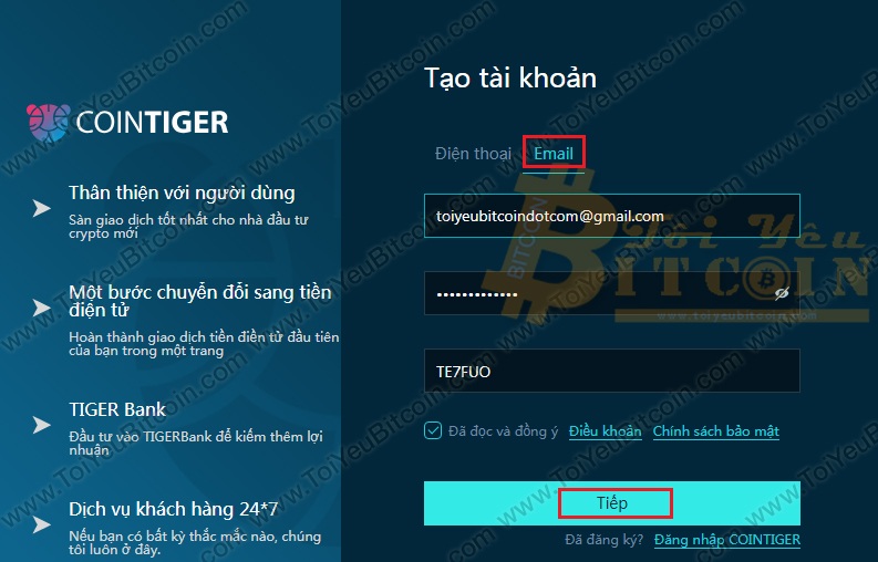 Đăng ký tạo tài khoản CoinTiger. Ảnh 1