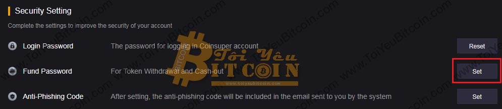 Thiết lập Fund password trên sàn Coinsuper. Ảnh 1