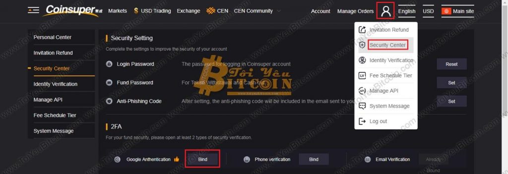 Bật bảo mật 2FA trên Coinsuper. Ảnh 1