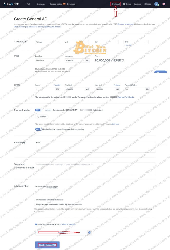 Cách tạo quảng cáo trên Huobi OTC. Ảnh 1