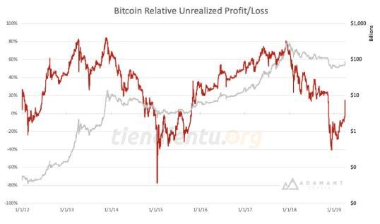 Biểu đồ Lợi nhuận/Thua lỗ phỏng đoán của holder Bitcoin. Nguồn: Adamant Capital.