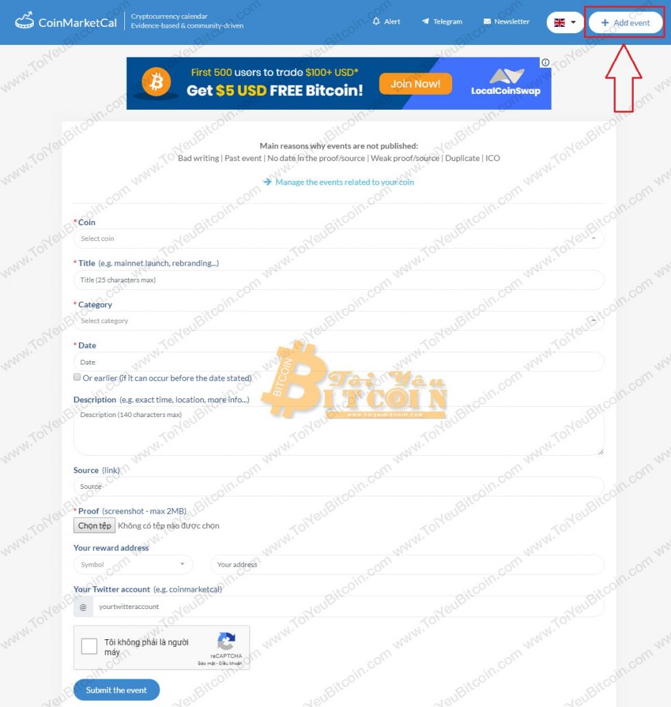 Tạo sự kiện mới trên CoinMarketCal