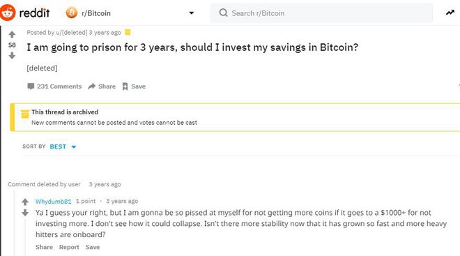 Thanh niên Mỹ xin lời khuyên có nên đầu tư vào Bitcoin không trước khi vào tù 3 năm. Ảnh Reddit