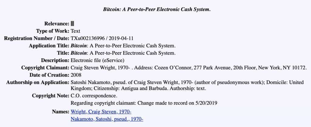Đơn đăng ký bản quyền tác giả cho whitepaper Bitcoin của Craig Wright