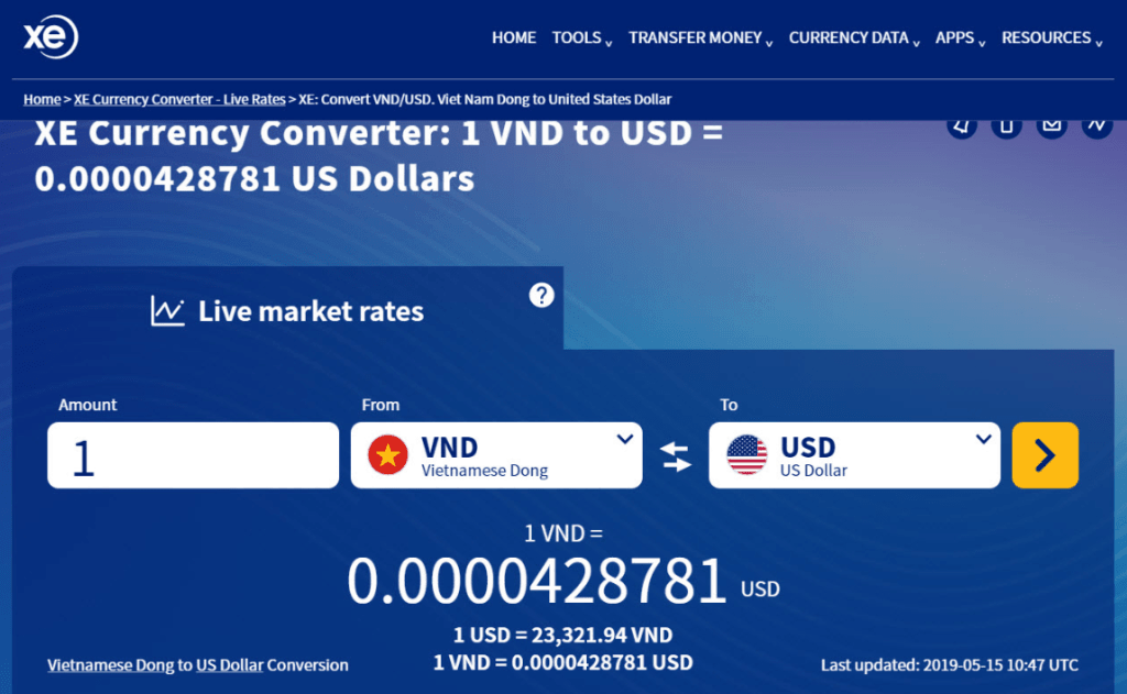 Tỷ giá VND so với USD.