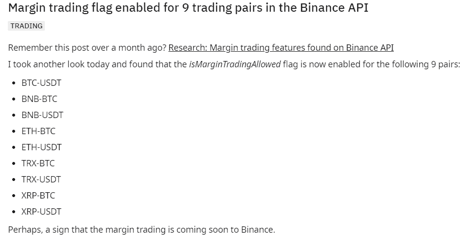 Research: Margin trading features found on Binance API (Nguồn: Reddit).