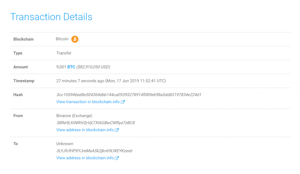 Txid giao dịch 9,001 BTC của Binance