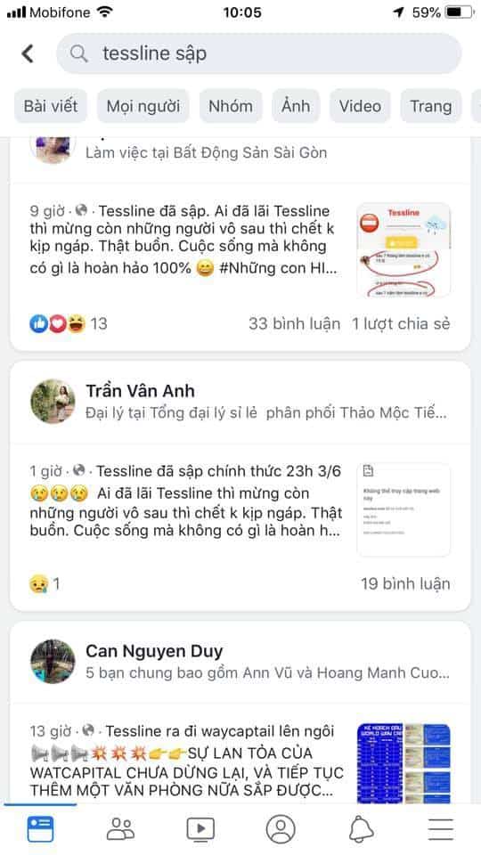 Kết quả tìm kiếm “Tessline sập” trên Facebook.