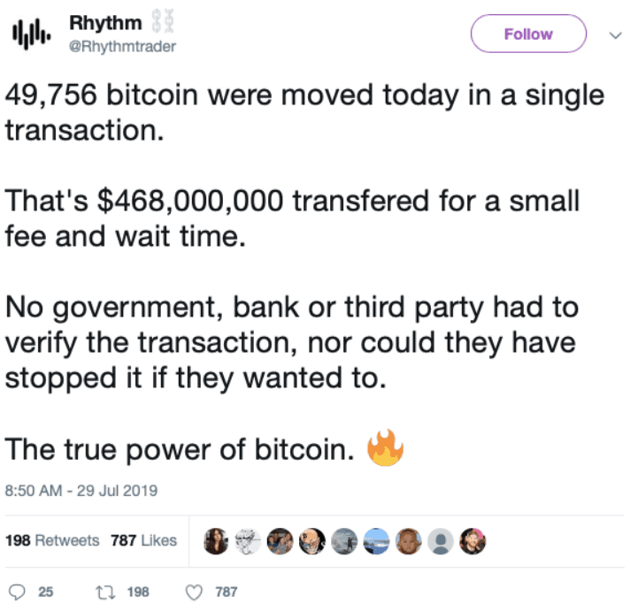 Dòng Tweet của Rhythm về giao dịch cá voi Bitcoin nói trên.