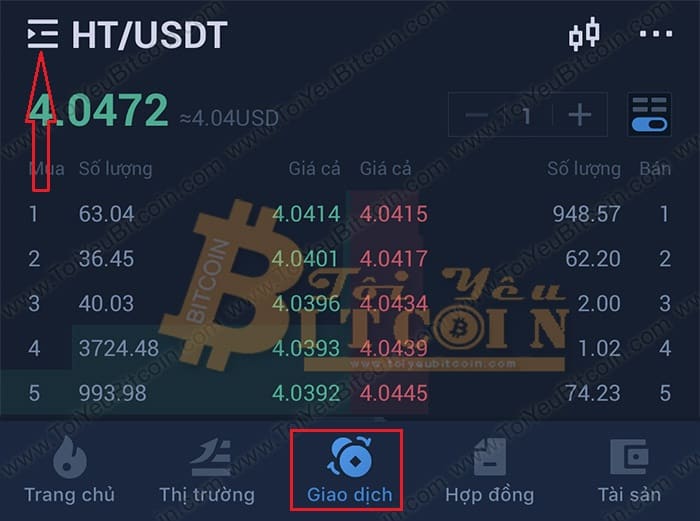 Các trade coin trên app Huobi. Ảnh 1