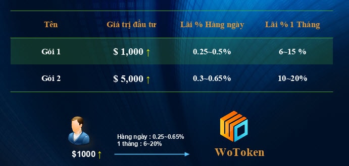 Các gói đầu tư và lãi xuất của ví Wo Token