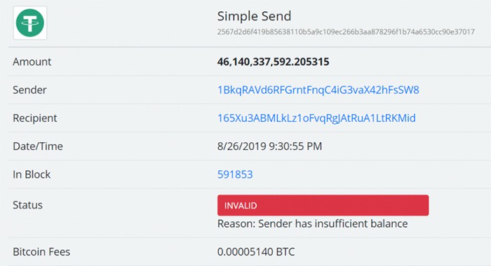 Giao dịch USDT không hợp lệ
