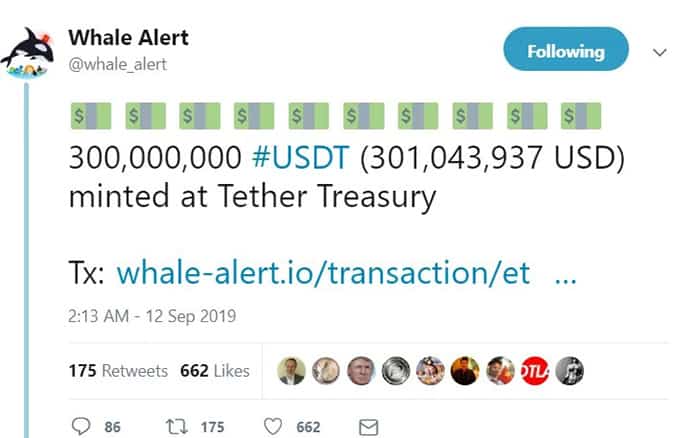Dòng thông báo trên Twitter của Whale Alert.