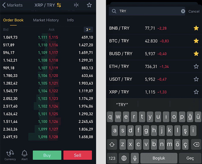 Ảnh chụp màn hình các cặp giao dịch lira của Thổ Nhĩ Kỳ có sẵn trên Binance