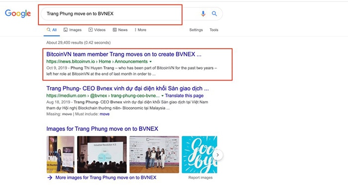 Vì sao BitcoinVN xóa bài viết chứng tỏ mối quan hệ “vốn thân thiết” với Bvnex? search “Trang Phung move on to BVNEX”