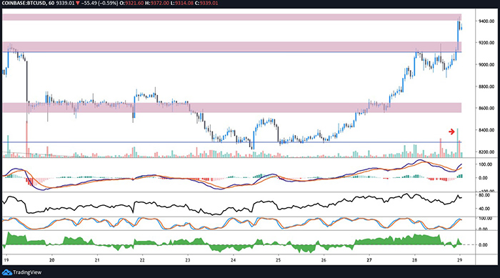 Biểu đồ giá 1 giờ của Bitcoin. Theo TradingView