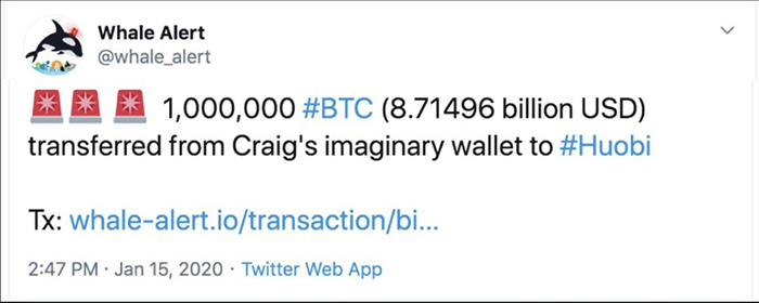 Tweet giả mạo Whale Alert cảnh báo giao dịch 1 tỷ USD BTC. Nguồn: Telegram