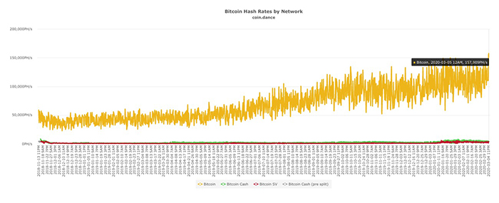 Biểu đồ hash rate Bitcoin 15 tháng. Nguồn: Coin Dance