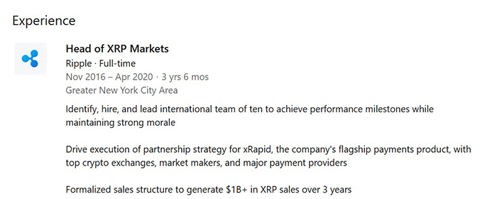 Hồ sơ LinkedIn của Miguel Vias cho thấy ông kết thúc nhiệm kỳ 3,5 năm của mình tại Ripple. Nguồn: LinkedIn