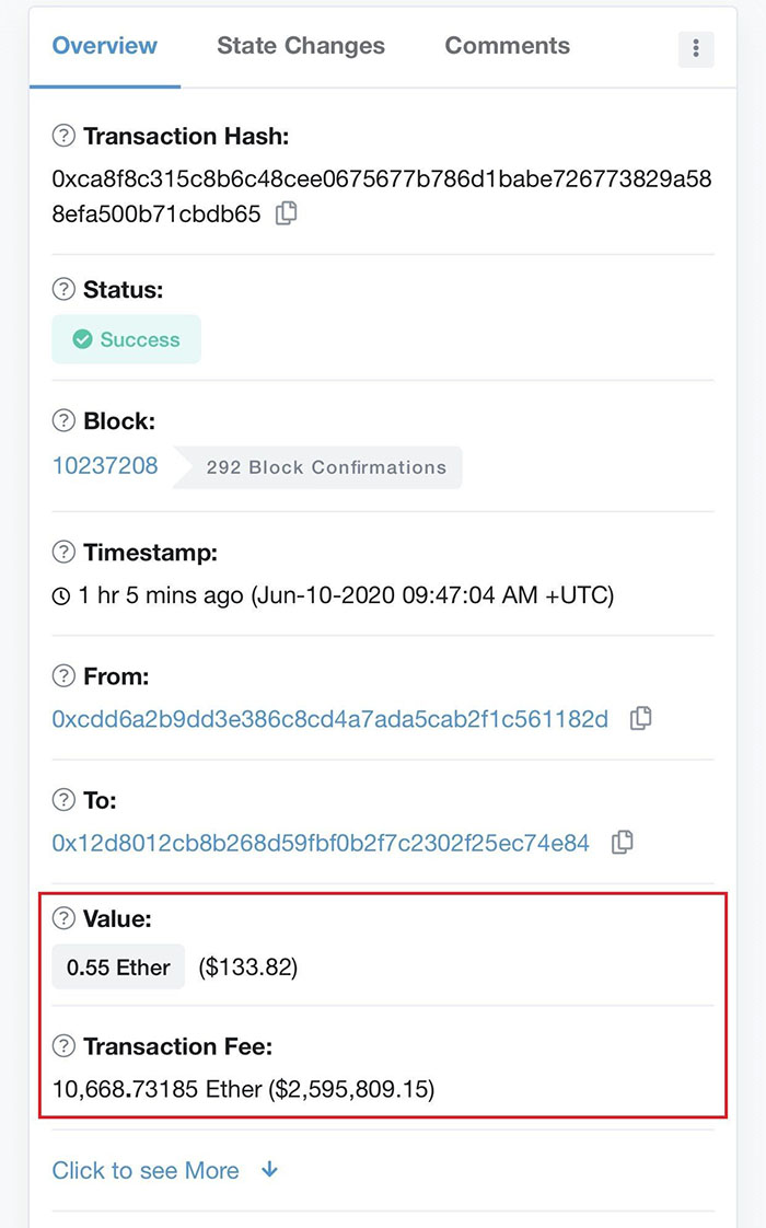 Chi tiết giao dịch 0.55 ETH tốn 2,5 triệu USD tiền phí giao dịch