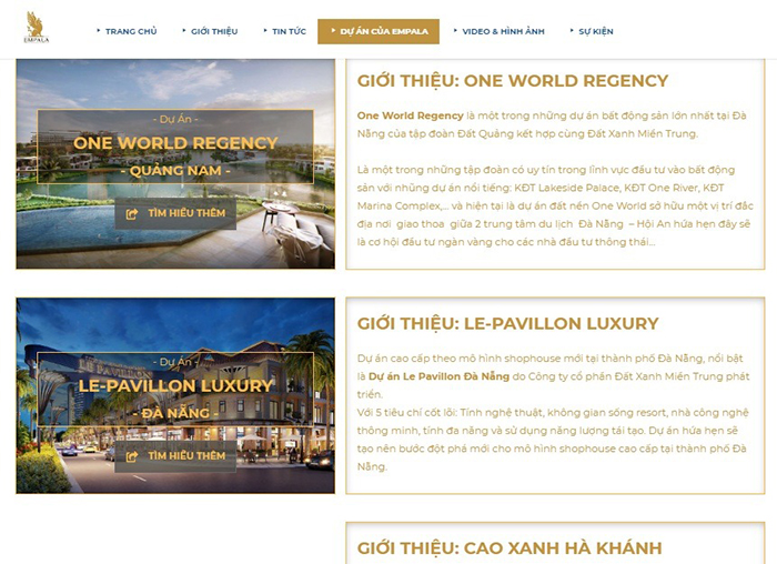 Giới thiệu về các dự án trên website Empala. Ảnh chụp màn hình