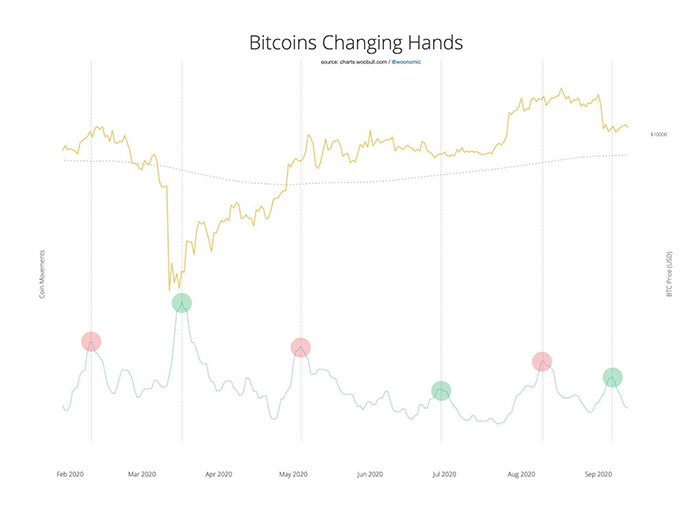 Hoạt động on-chain Bitcoin với biểu đồ 6 tháng của giá Bitcoin. Nguồn: Willy Woo/ Twitter