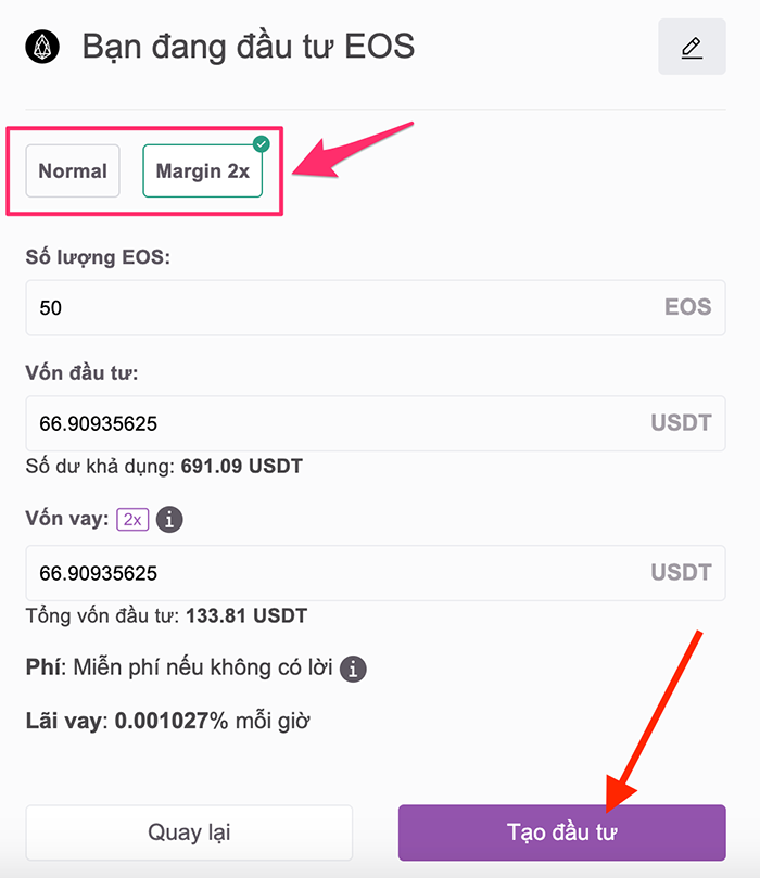 Tính năng Margin 2x xuất hiện như một tuỳ chọn khi NĐT mở Invest của Remitano