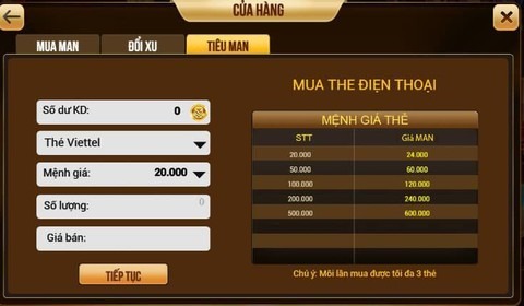Để đánh bạc, người chơi nạp tiền bằng thẻ
