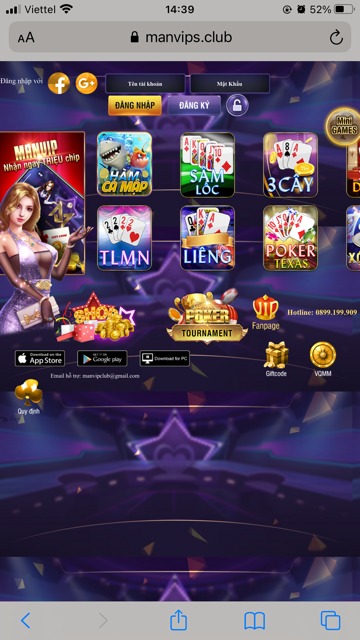Giao diện của trang Manvip.club