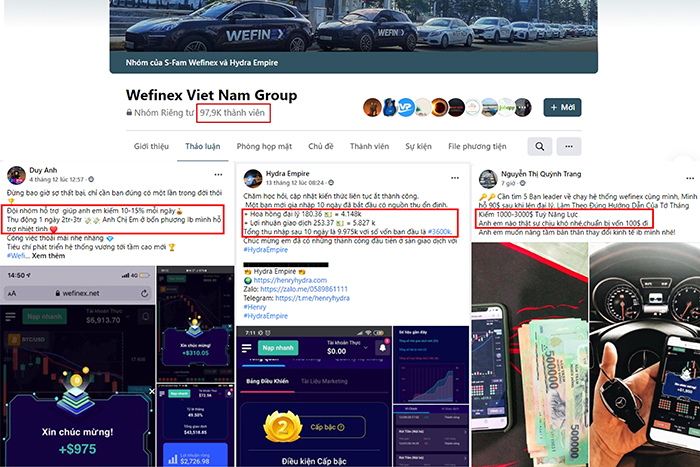 Một nhóm Wefinex trên mạng xã hội Facebook có số lượng thành viên lên đến gần 100 ngàn người. Các thành viên liên tục khoe "chiến tích" và kêu gọi người khác tham gia vào hệ thống của mình.