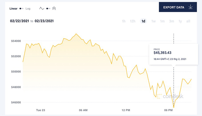 Bitcoin có thời điểm giảm xuống ngưỡng 45.000 USD/đồng hôm 23/2. Ảnh: Coindesk.