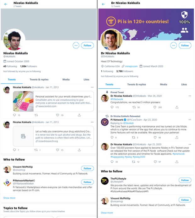 Tài khoản Twitter của Kokkalis không hề nhắc đến Pi Network, còn tài khoản còn lại cũng chỉ đăng vài dòng tweet về dự án trong vòng 1 tháng sau khi lập.
