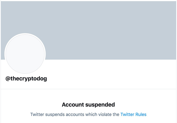 Thông báo tạm ngưng khi truy cập tài khaonr The Crypto Dog. Nguồn: Twitter