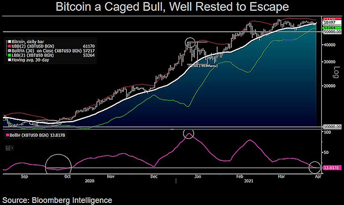 Biểu đồ BTC/USD với Dải Bollinger và đường trung bình động 30 ngày. Nguồn: Mike McGlone/ Twitter