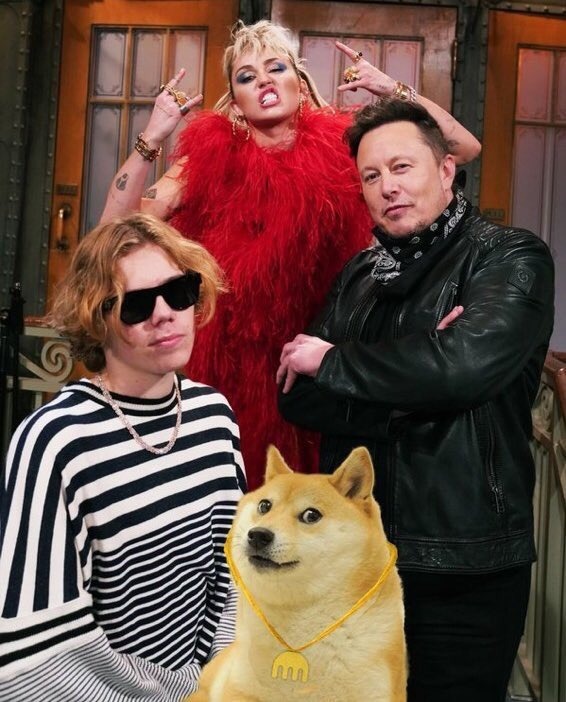Elon Musk đăng ảnh với các khách mời của Saturday Night Live, đồng thời chèn thêm hình chú chó Shiba, biểu tượng đồng Dogecoin. Ảnh: Elon Musk.