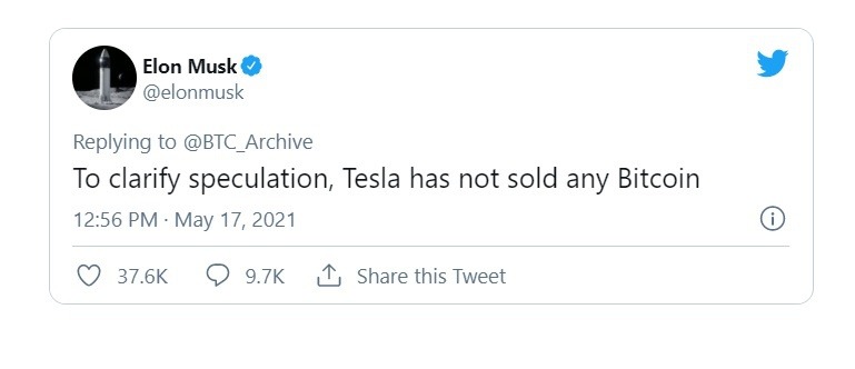 Tỷ phú Elon Musk khẳng định Tesla chưa bán Bitcoin. Ảnh: Twitter.