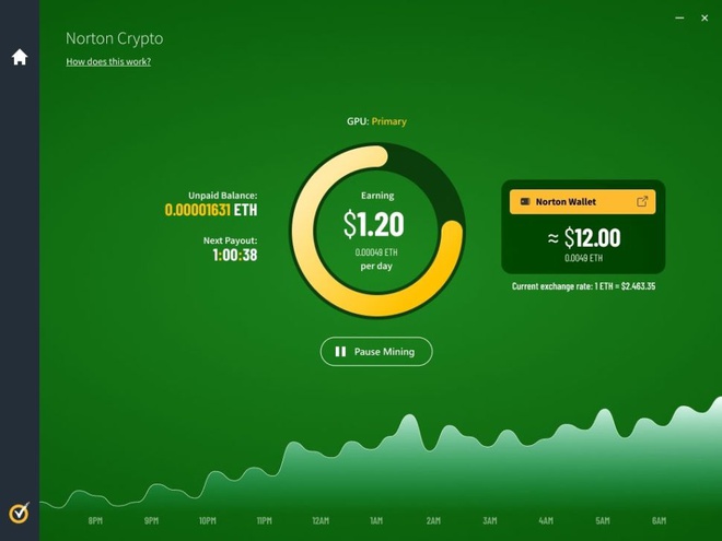 Tính năng Norton Crypto cho phép người dùng khai thác Ethereum bằng phần mềm diệt virus Norton 360. Ảnh: NortonLifeLock.