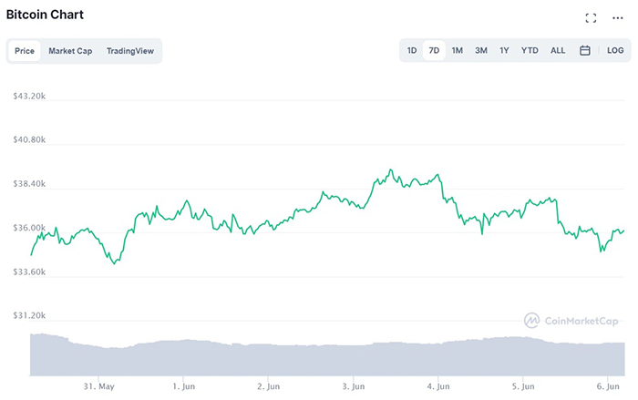 Diễn biến giá bitcoin thời gian gần đây. (Ảnh: CoinMarketCap).