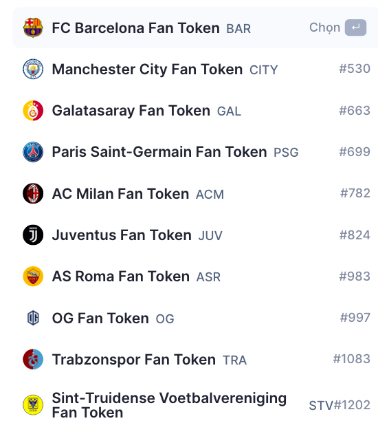 Một số mã "fan token" trên thị trường tiền điện tử.