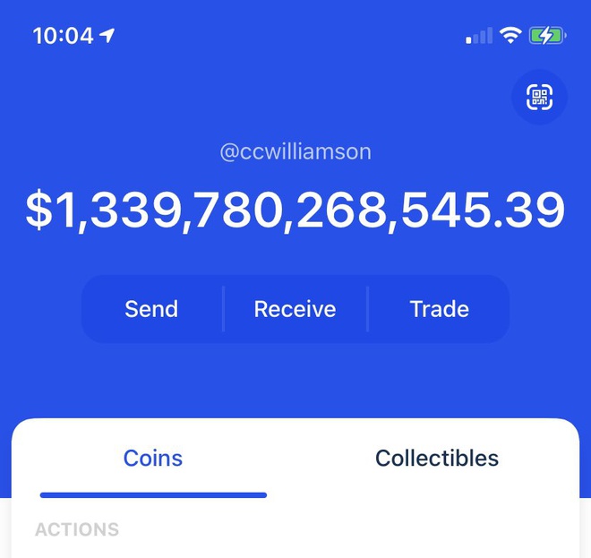 Tài khoản ví của Chris Williamson trên Coinbase hiển thị số dư tới hơn 1,3 nghìn tỷ USD. Ảnh: Chris Williamson.