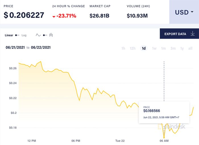 Giá Dogecoin lao dốc mạnh xuống 0,2 USD/đồng. Ảnh: CoinDesk.