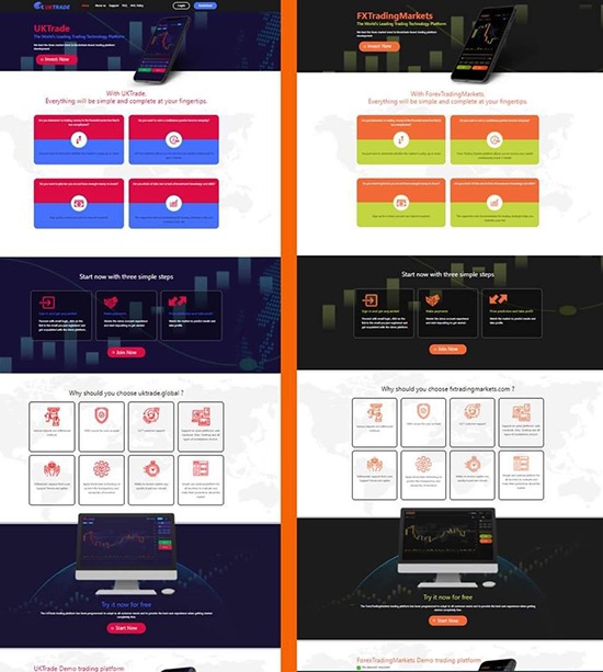 Website sàn Uktrade (trái) và FXTradingMarkets có giao diện giống hệt nhau. Ảnh chụp màn hình.