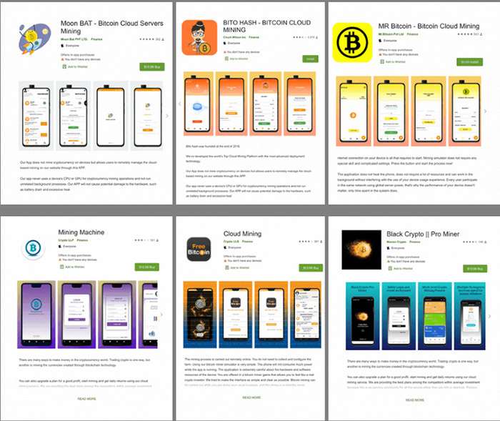 Biểu tượng của một số ứng dụng lừa đảo đào tiền mã hóa trên Google Play.